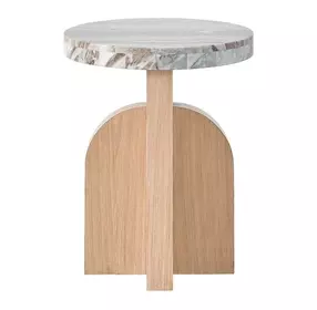 Voyage White and Tech Oak Round Stone Top Riverine Accent Table