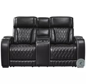 Boyington Black Leather Power Reclining Console Loveseat with Adjustable Headrest