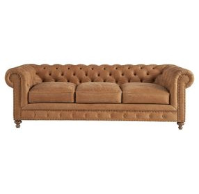 Berkely Winchester Sandstone 97" Leather Sofa with Pillows and Nailhead Trim