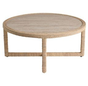 Azure Abaca and Travertine Round Cocktail Table