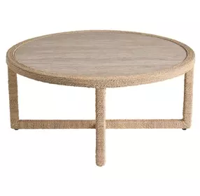 Azure Abaca and Travertine Round Cocktail Table