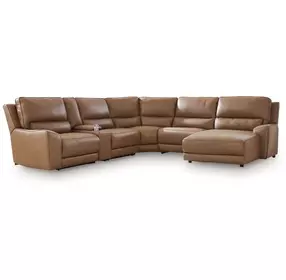 Silverbrooke Caramel Leather 6 Piece Modular Power Reclining Sectional with RAF Chaise and USB Charging