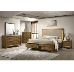 Talcott Warm Honey Brown Upholstered Storage Platform Bedroom Set with LED