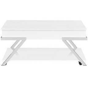 Zena White Rectangular Lift Top Cocktail Table with Casters