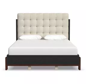 Waterfall Cream and Deep Ebony Performance Fabric Queen Upholstered Panel Bed