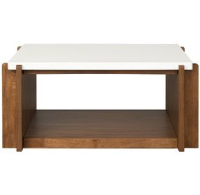 Lincoln White and Walnut Square Stone Top Coffee Table with Casters
