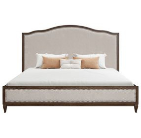 Bellevue Creamy Tan and Whiskey Brown Performance Fabric King Upholstered Platform Bed with Nailhead Trim