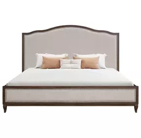 Bellevue Creamy Tan and Whiskey Brown Performance Fabric King Upholstered Platform Bed with Nailhead Trim