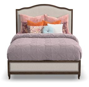 Bellevue Creamy Tan and Whiskey Brown Performance Fabric Queen Upholstered Platform Bed with Nailhead Trim