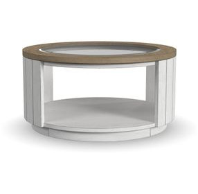 Melody Distressed White and Gray Round Glass Top Coffee Table with Casters
