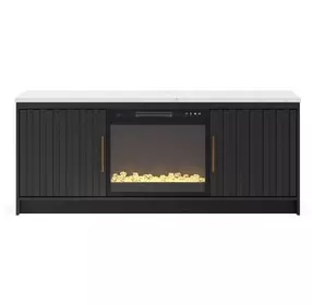 Cadmori Matte Black and White 63" TV Stand with 6 Level Temperature Electric Fireplace