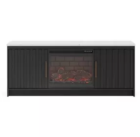 Cadmori Matte Black and White 63" TV Stand with 7 Level Temperature Electric Fireplace