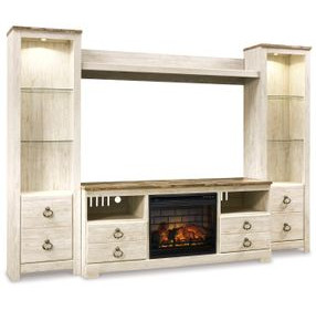 Willowton Whitewash 4 Piece Entertainment Center with Electric Fireplace and LED