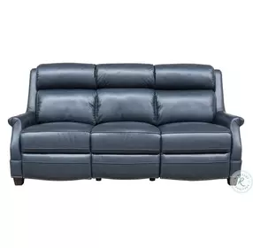 Warrendale Shoreham Blue Leather 83" Power Reclining Sofa with Nailhead Trim and USB Charging