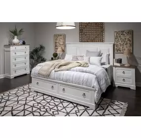 Crownfall Whisper White and Cerused Nutmeg Upholstered Storage Panel Bedroom Set