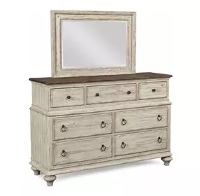 Homestead Pine Cornsilk 7 Drawer Wellington Dresser with Rectangular Landscape Mirror