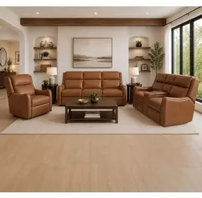 Channing Renaissance Cinnamon Leather Zero Gravity Triple Power Reclining Living Room Set with Nailhead Trim and USB Charging