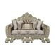 Sorina Beige and Antique Gold 77" Loveseat with Pillows and Nailhead Trim