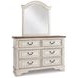 Realyn Chipped White and Brown 6 Drawer Dresser and Arched Mirror