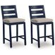 Mabry Shores Navy Blue and Driftwood 70" Rectangular Outdoor Bar Dining Room Set with Fire Pit