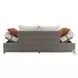 Salena Beige Fabric and Gray Wicker Patio 83" Sofa with 2 Pillows and Rectangular Ottoman