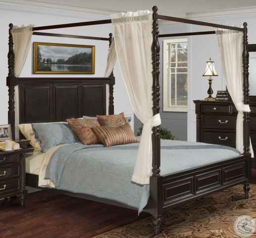 Martinique Rubbed Black King Poster Canopy Bed With Drapes ...