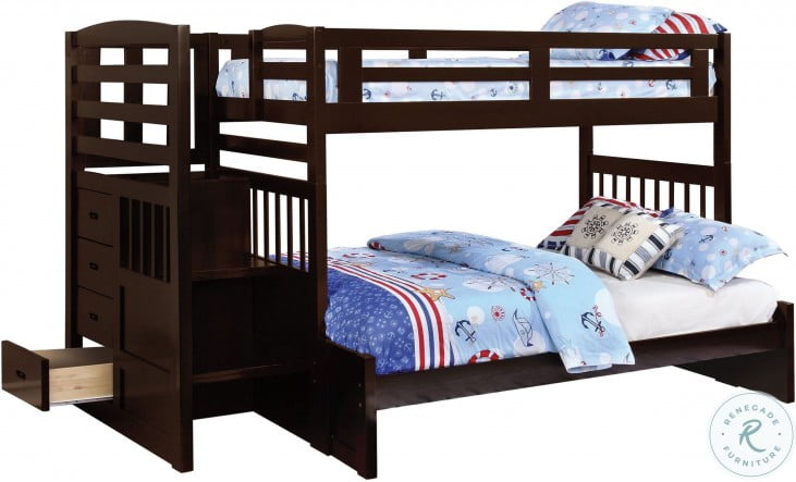 The archer collection workstation full/full bunk bed comes in a dark gunmetal finish with wood panels finished in chestnut. home gallery stores