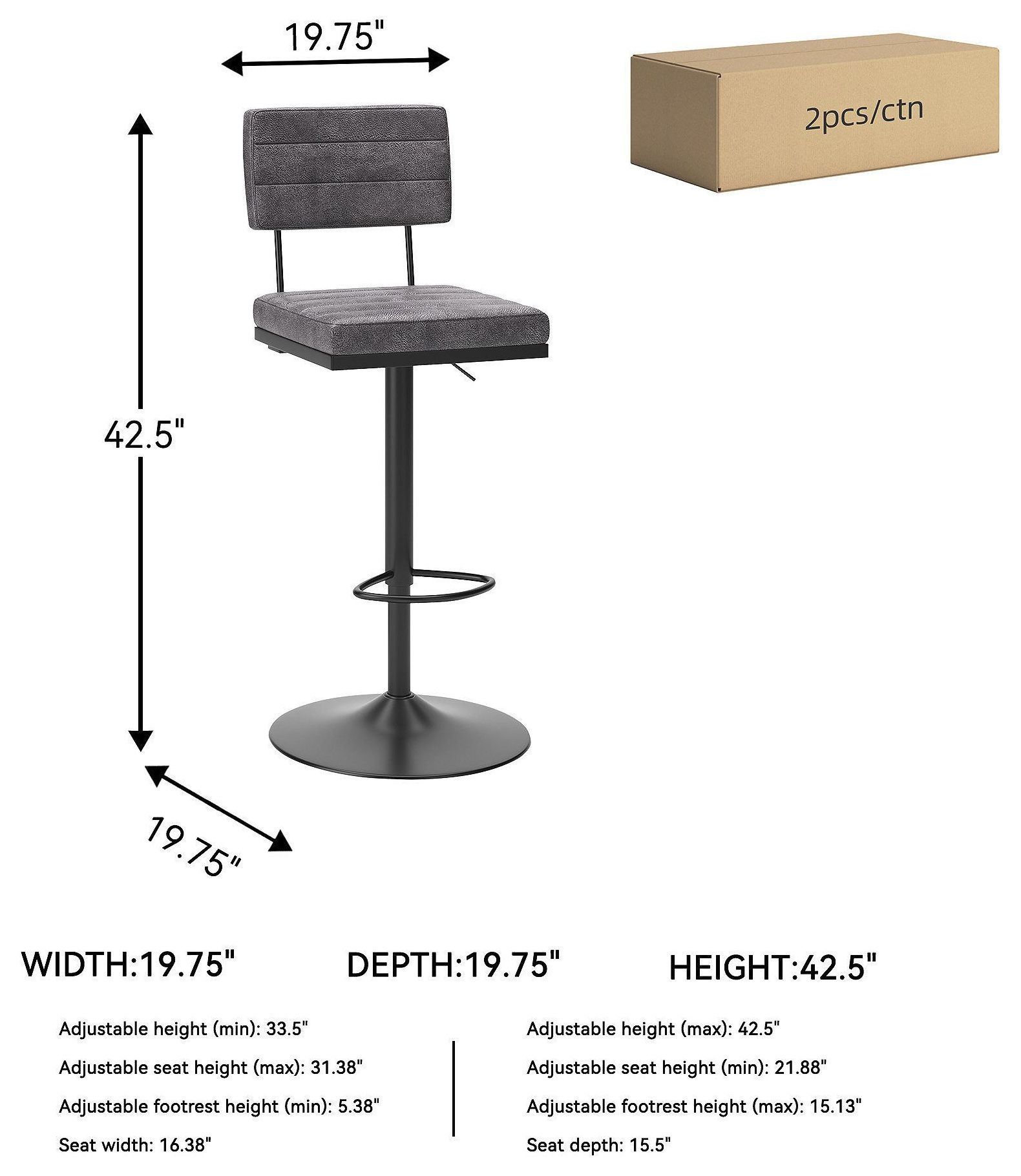 Strumford Grey And Black Swivel Adjustable Bar Stool Set Of 2