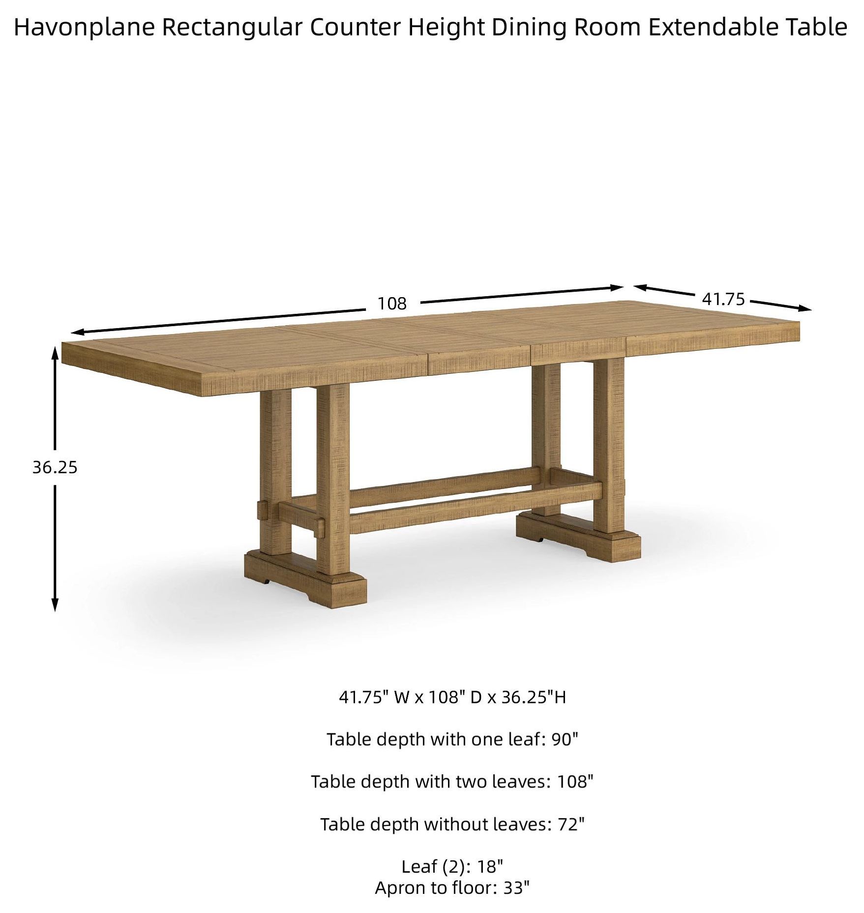 Havonplane Distressed Light Brown Pine Extendable Counter Height Dining Table