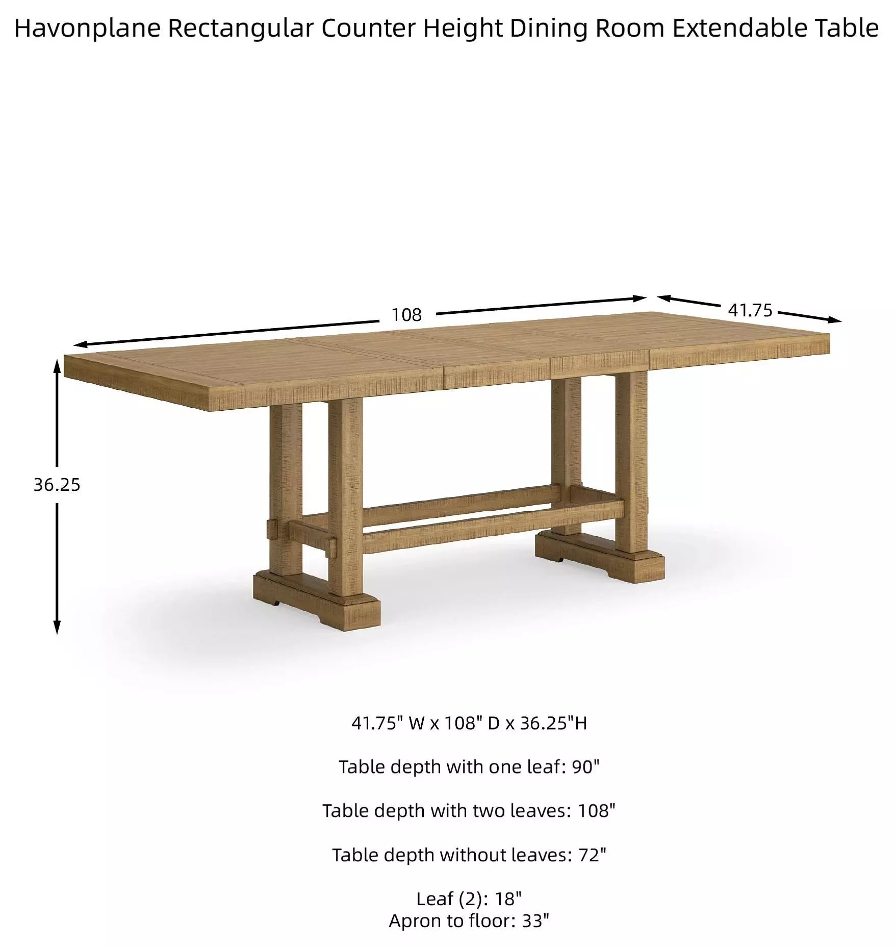 Havonplane Distressed Light Brown Pine Extendable Counter Height Dining Table