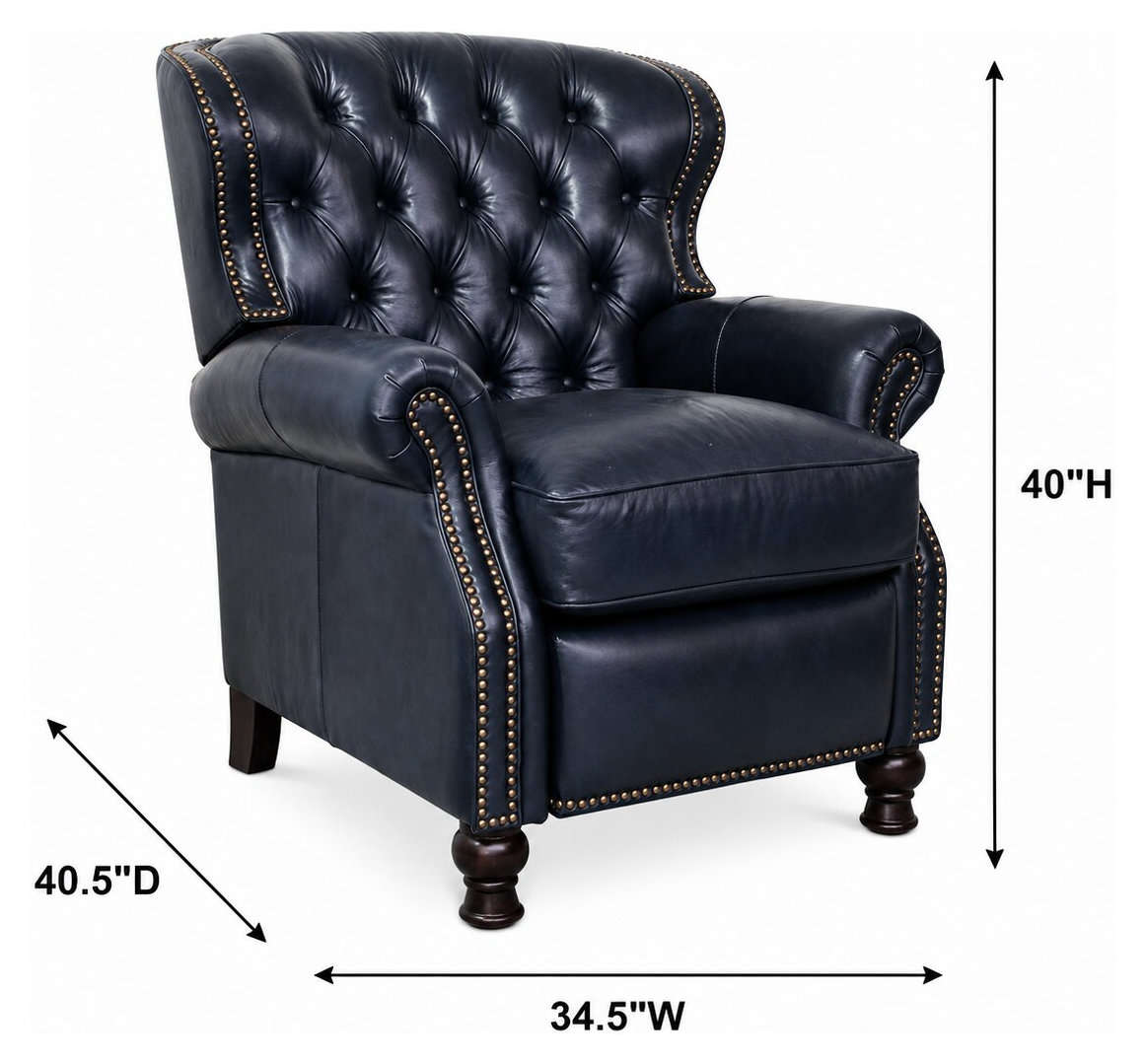 Presidential Shoreham Blue Leather Push Thru The Arms Recliner with Nailhead Trim
