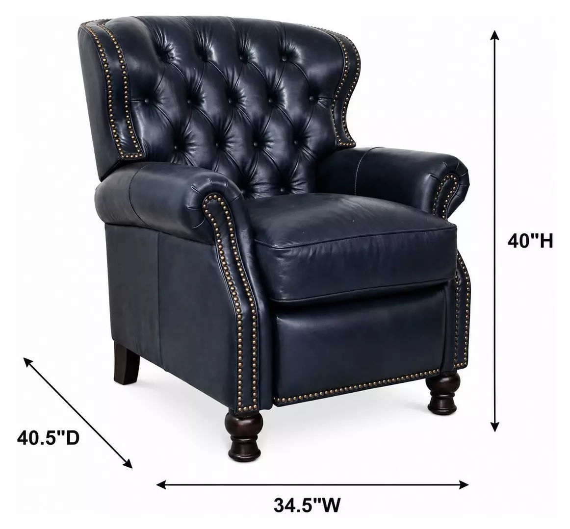 Presidential Shoreham Blue Leather Push Thru The Arms Recliner with Nailhead Trim
