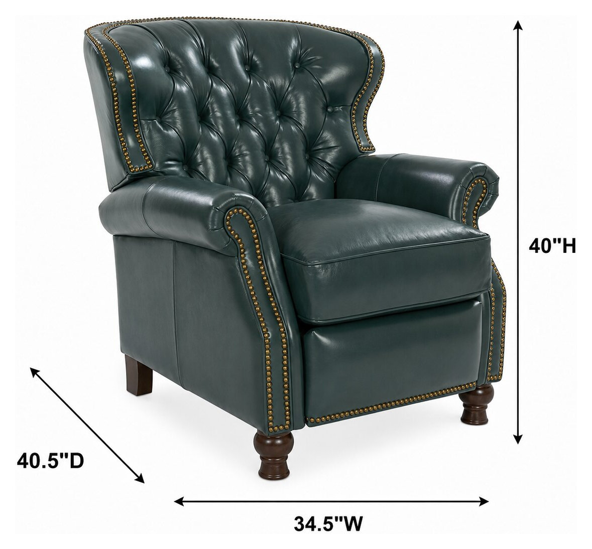 Presidential Highland Emerald Leather Push Thru The Arms Recliner with Nailhead Trim