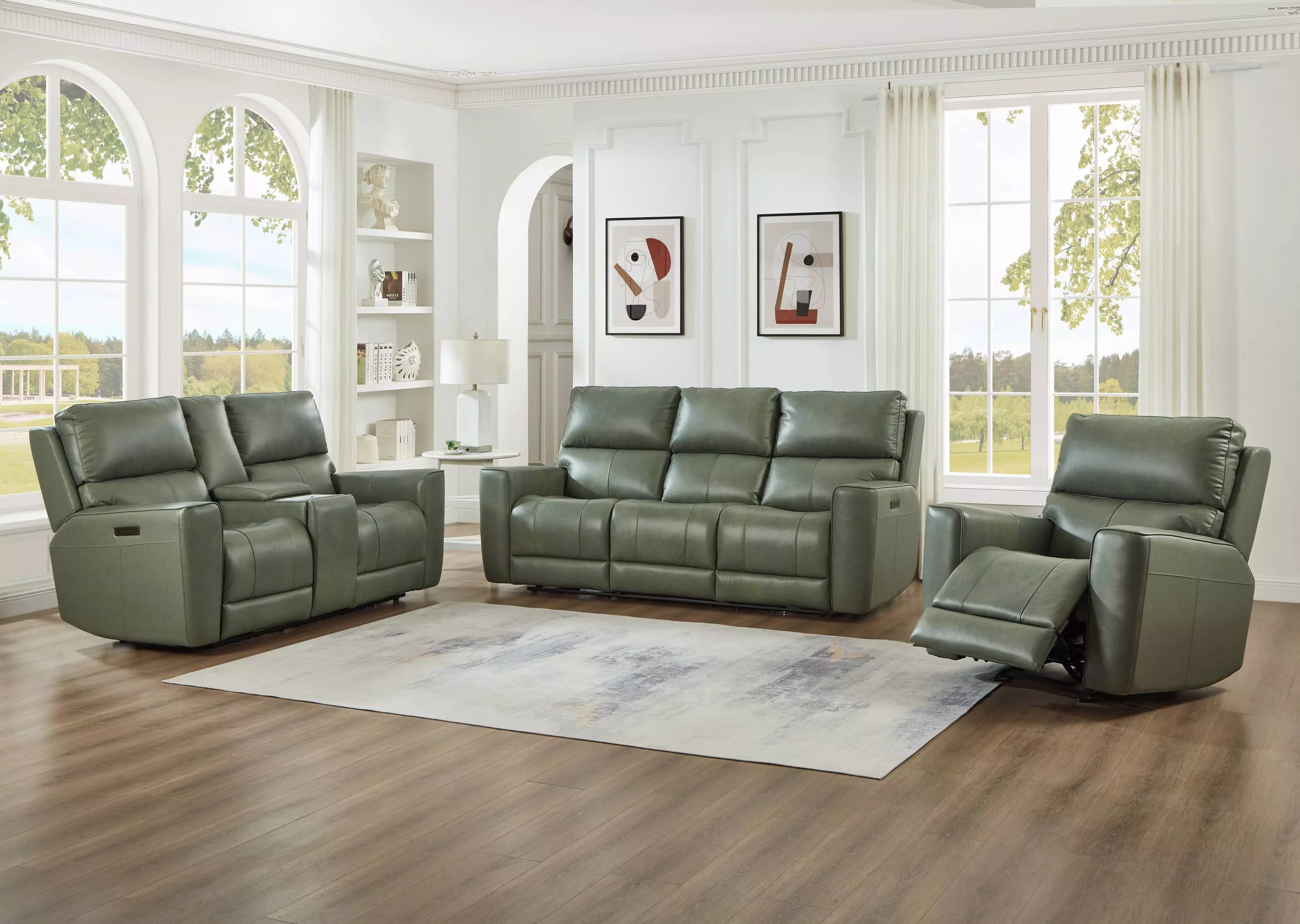 Laredo Sage Moss Leather Power Reclining Living Room Set with