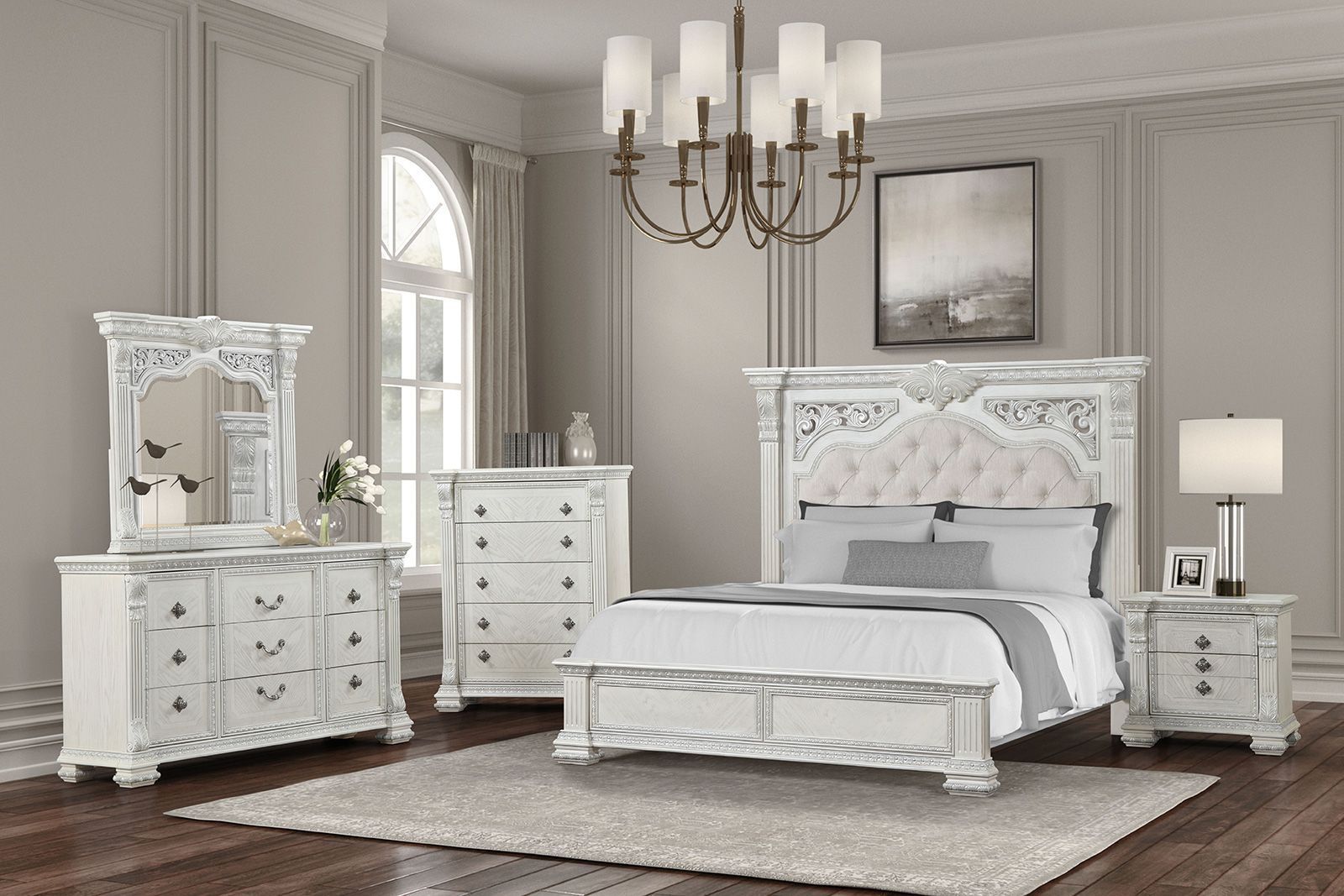 Promenade Wire Brushed White Upholstered Panel Bedroom Set from