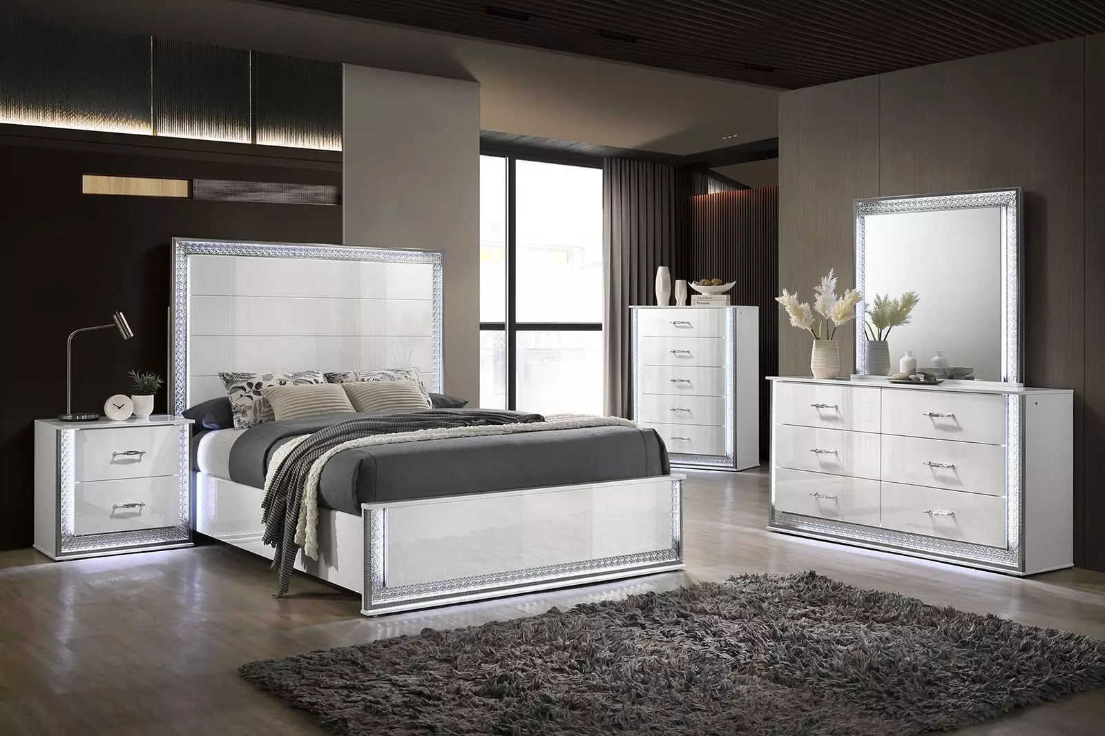 Hazeline White Panel Bedroom Set with LED