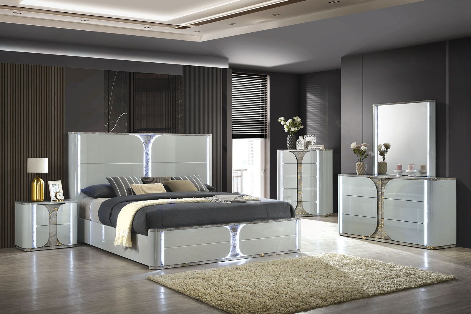 Cleburne Light Gray Panel Bedroom Set with LED
