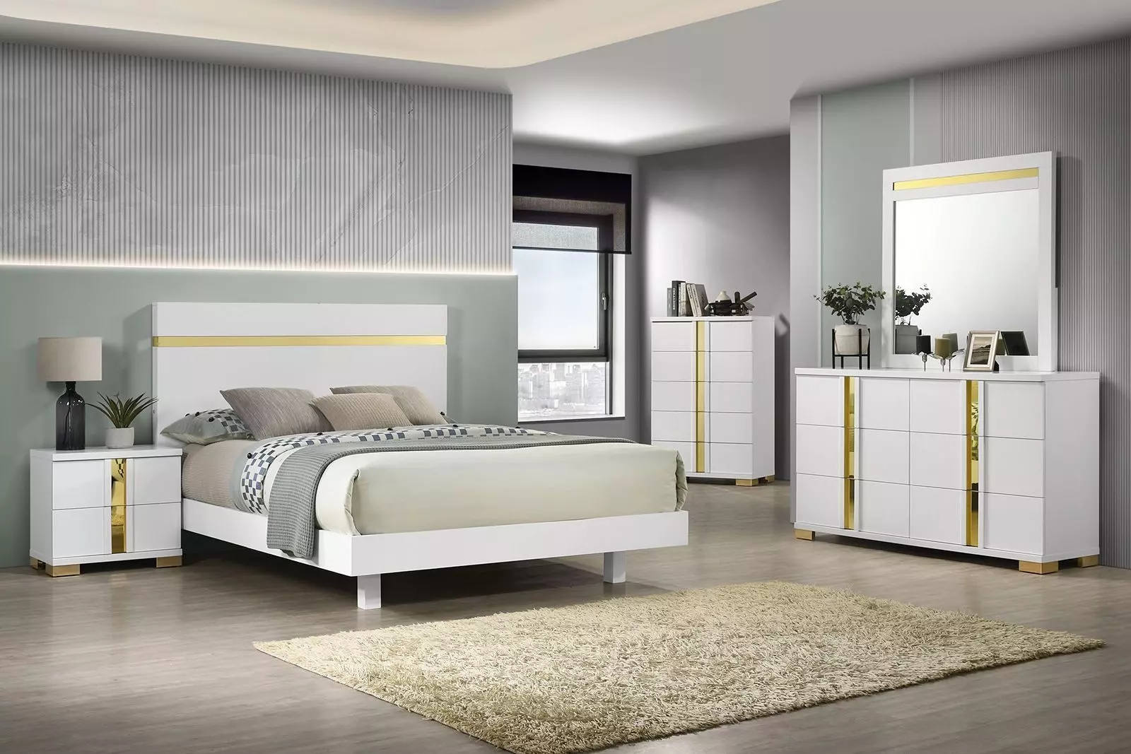 Lillestrom White and Gold King Panel Bed with Underbed LED Light