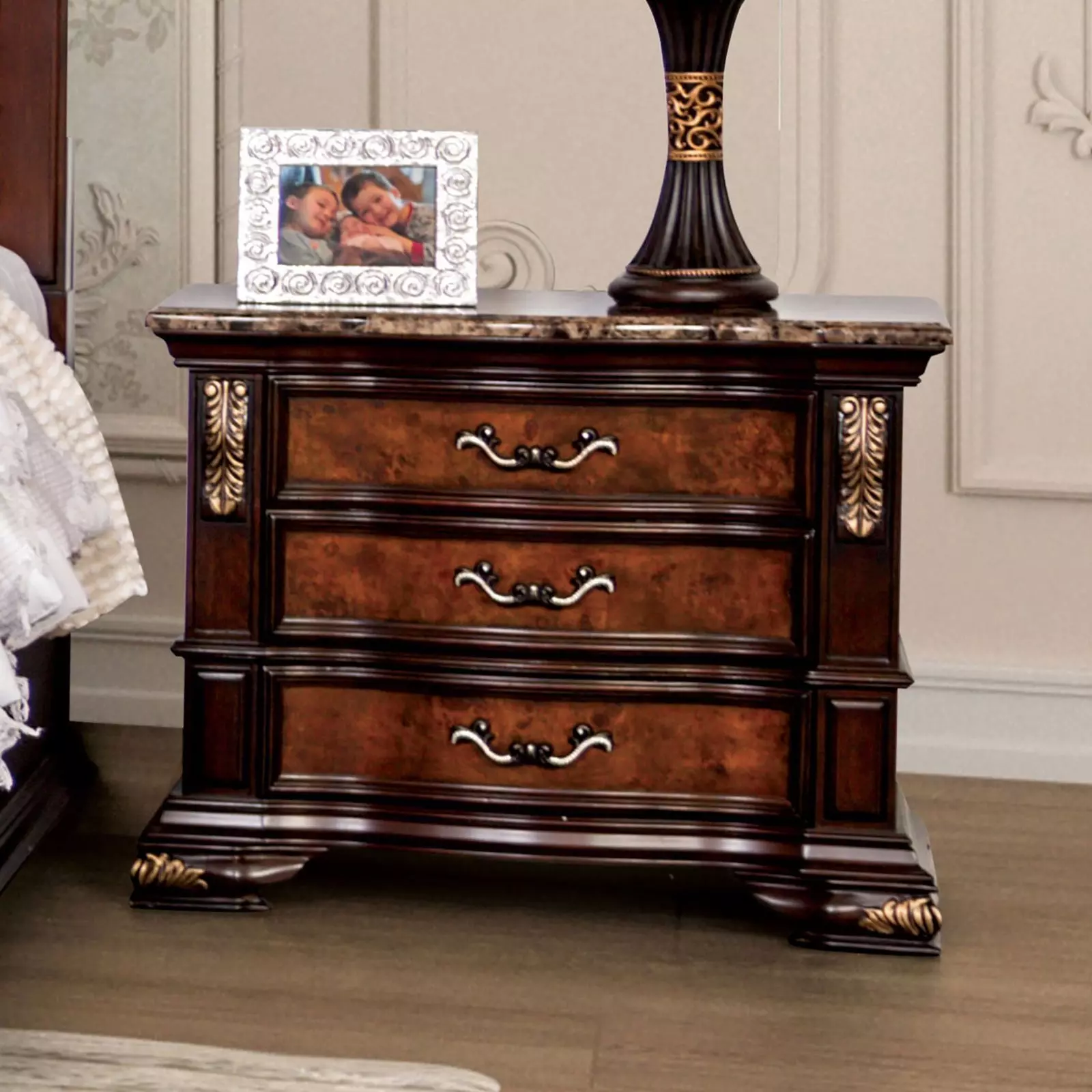 Aquilina Dark Cherry and Oak 3 Drawer Nightstand with USB Charging
