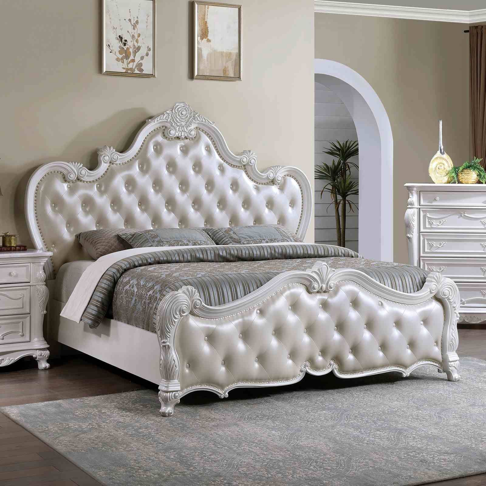 Ventresca White King Upholstered Panel Bed with Nailhead Trim From