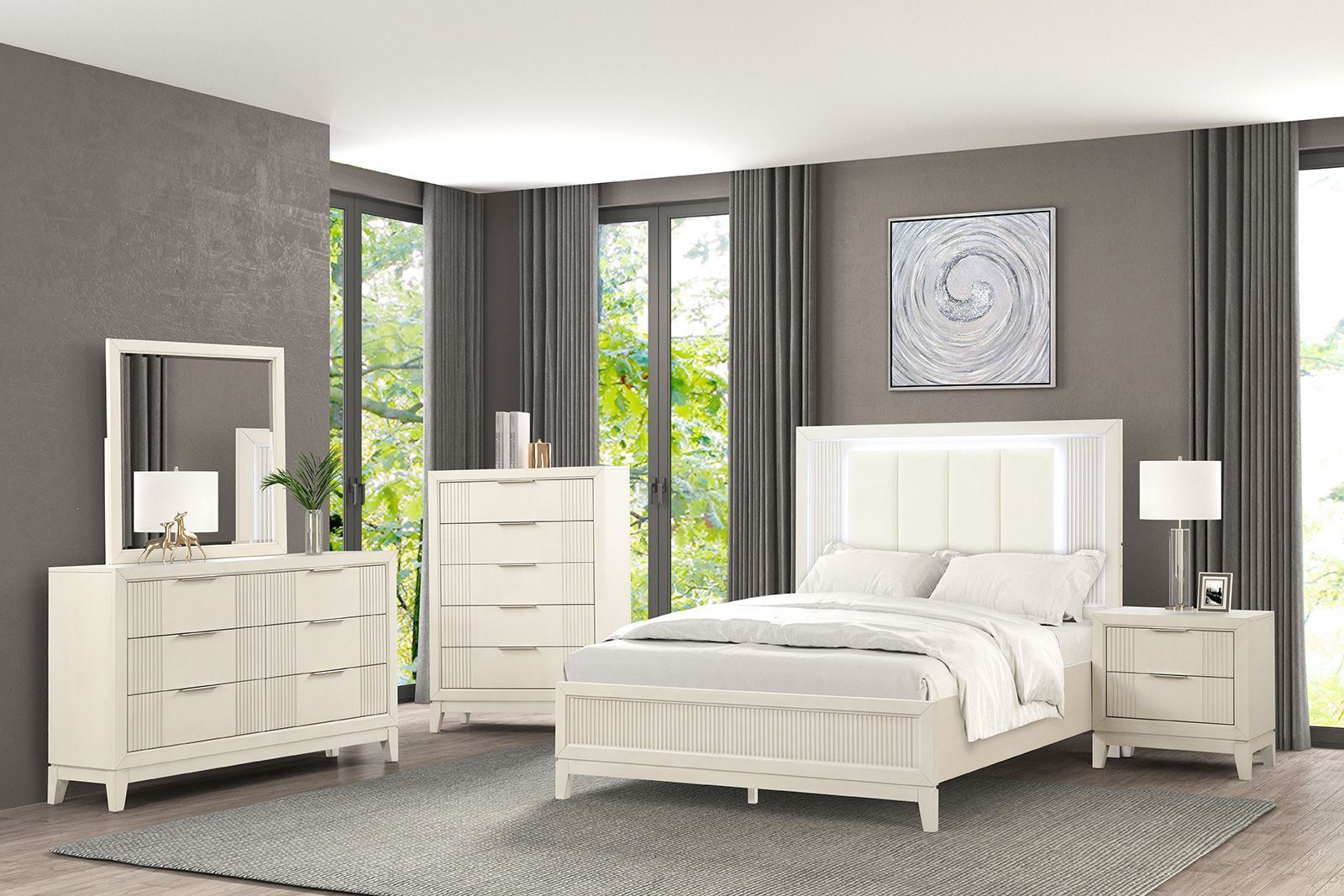 Isadore Antique White Panel Bedroom Set with LED Light from