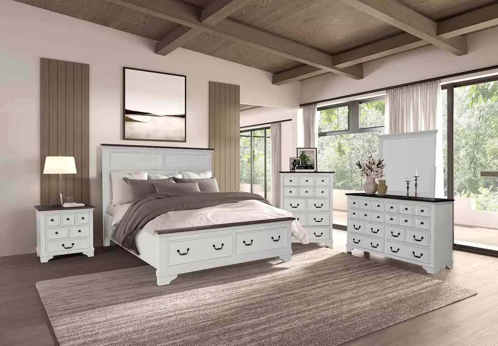 Hampstead White and Dark Brown Queen Storage Panel Bed From