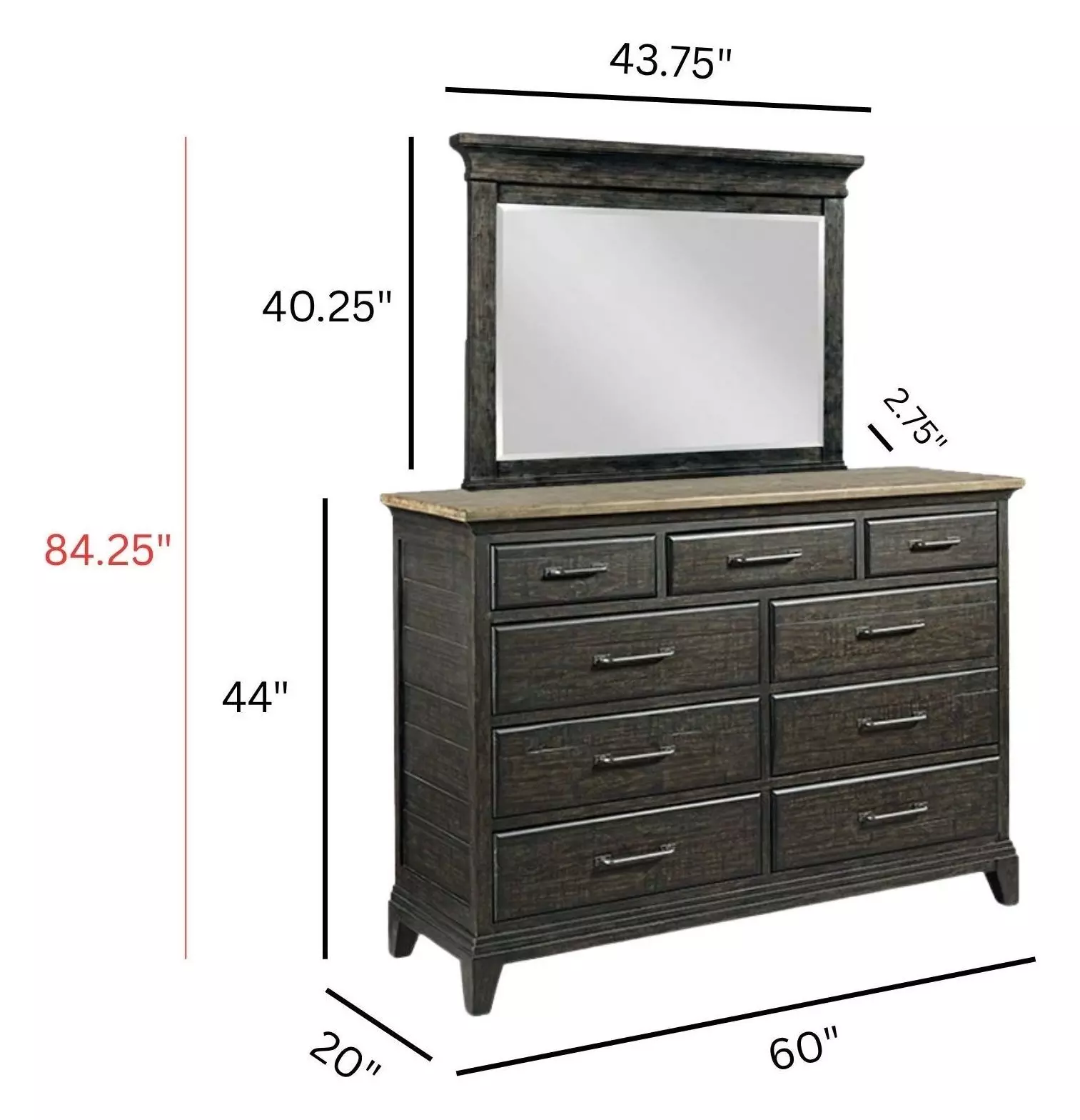 Heritage Timber Charcoal and Brown 9 Drawer Westwood Bureau with Rectangular Jessup Mirror