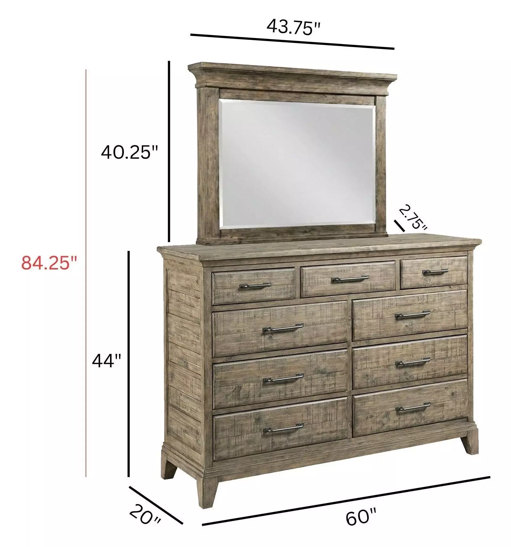 Heritage Timber Sandstone 9 Drawer Westwood Bureau with Rectangular Mirror