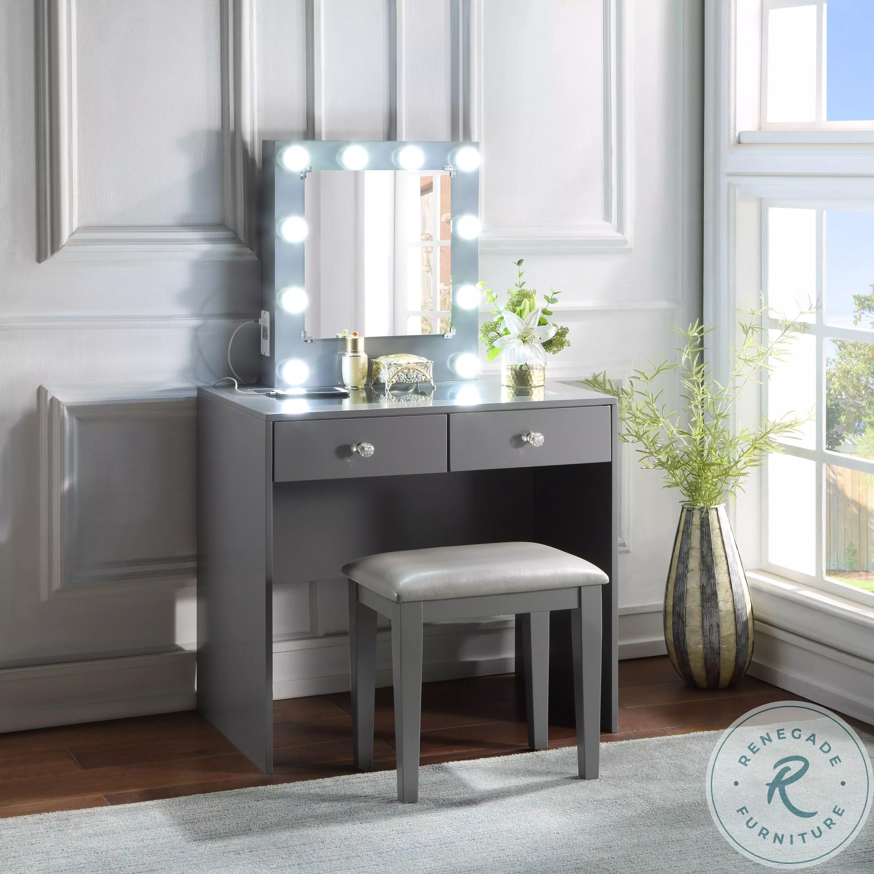 HM7878GY-15 Grey Vanity And Stool From Home Gallery Stores | Home