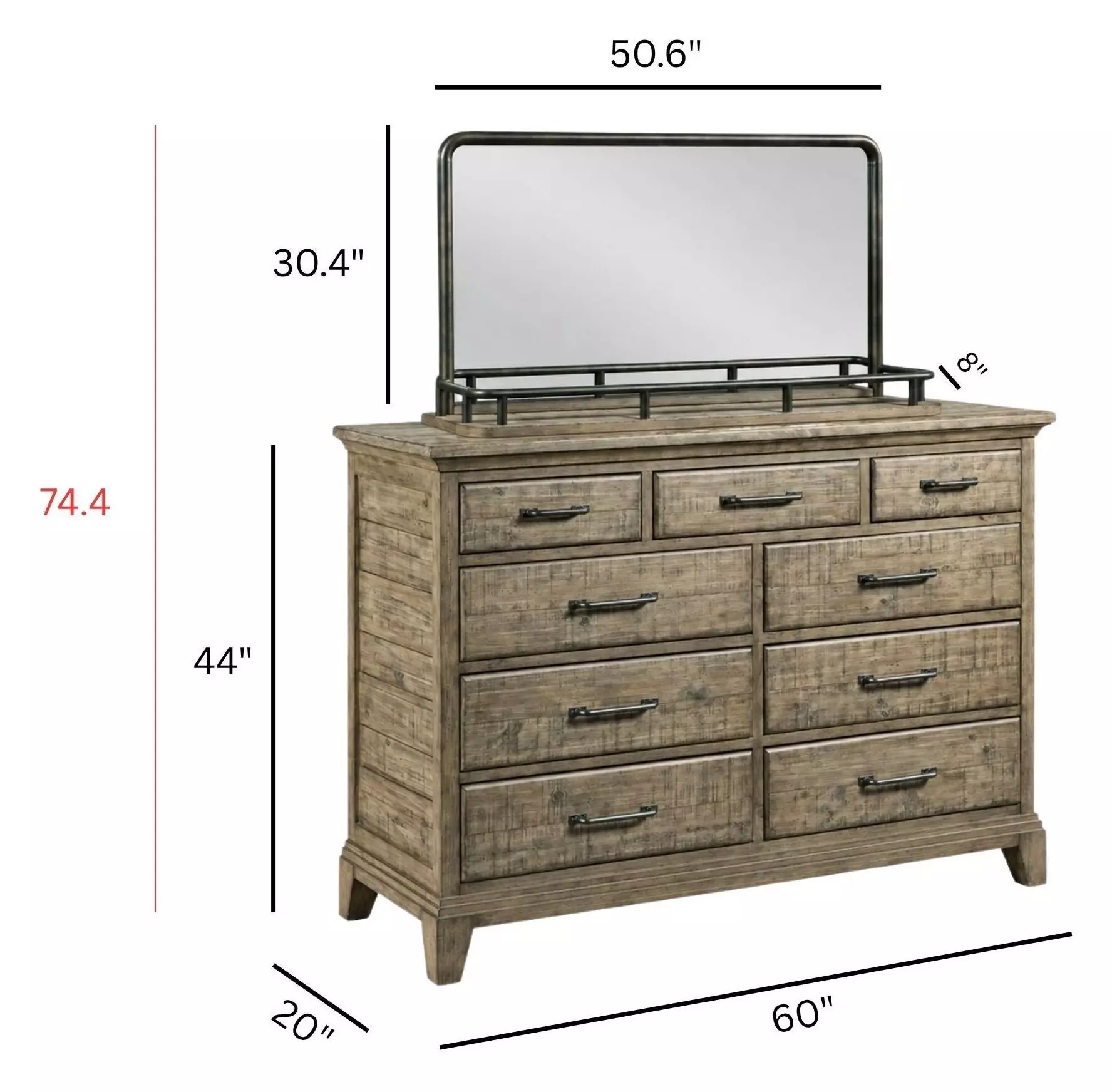 Heritage Timber Sandstone and Gray 9 Drawer Westwood Bureau with Rectangular Landscape Mirror