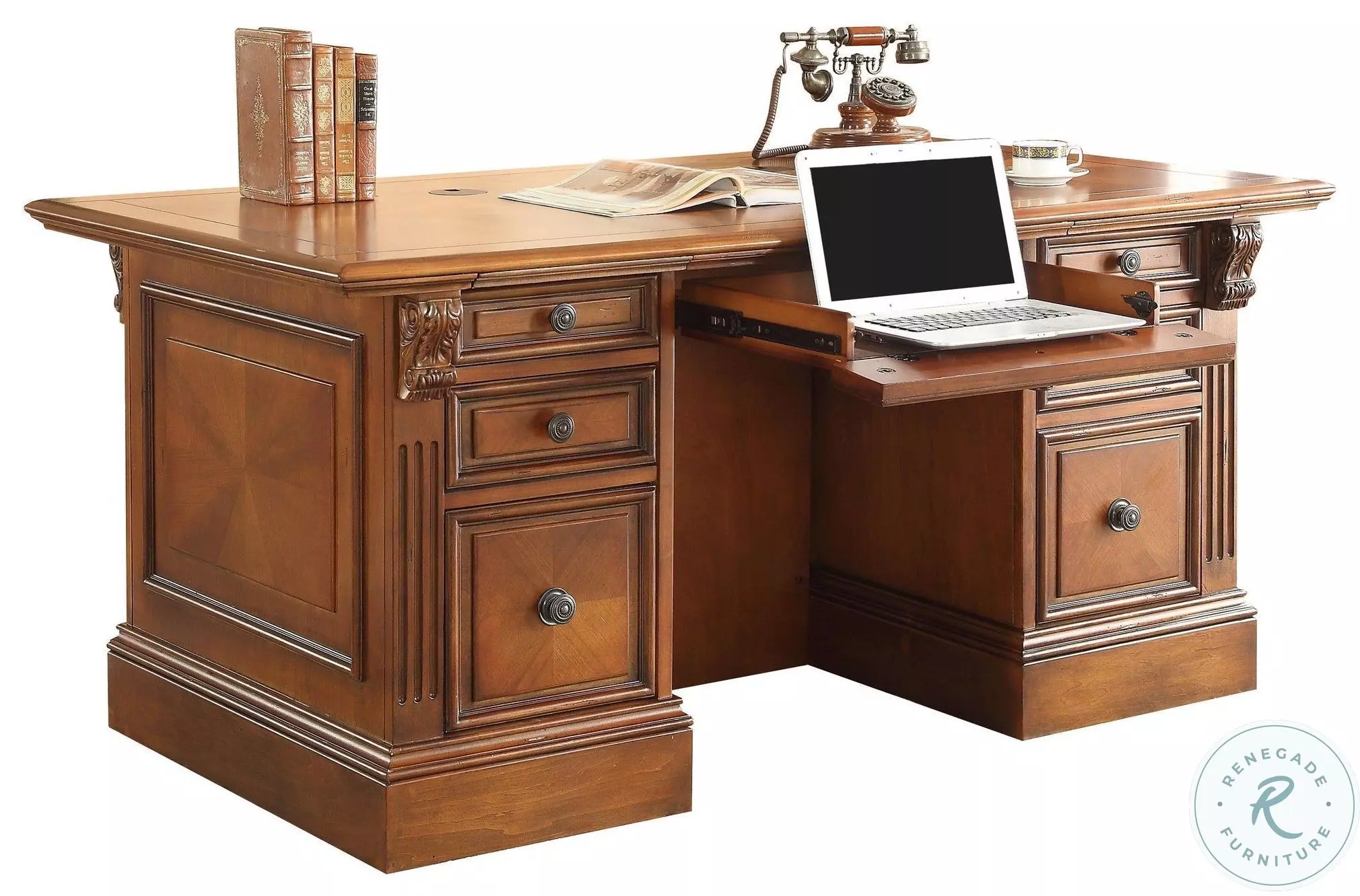 Hayes Antique Vintage Pecan Double Pedestal Executive Desk From