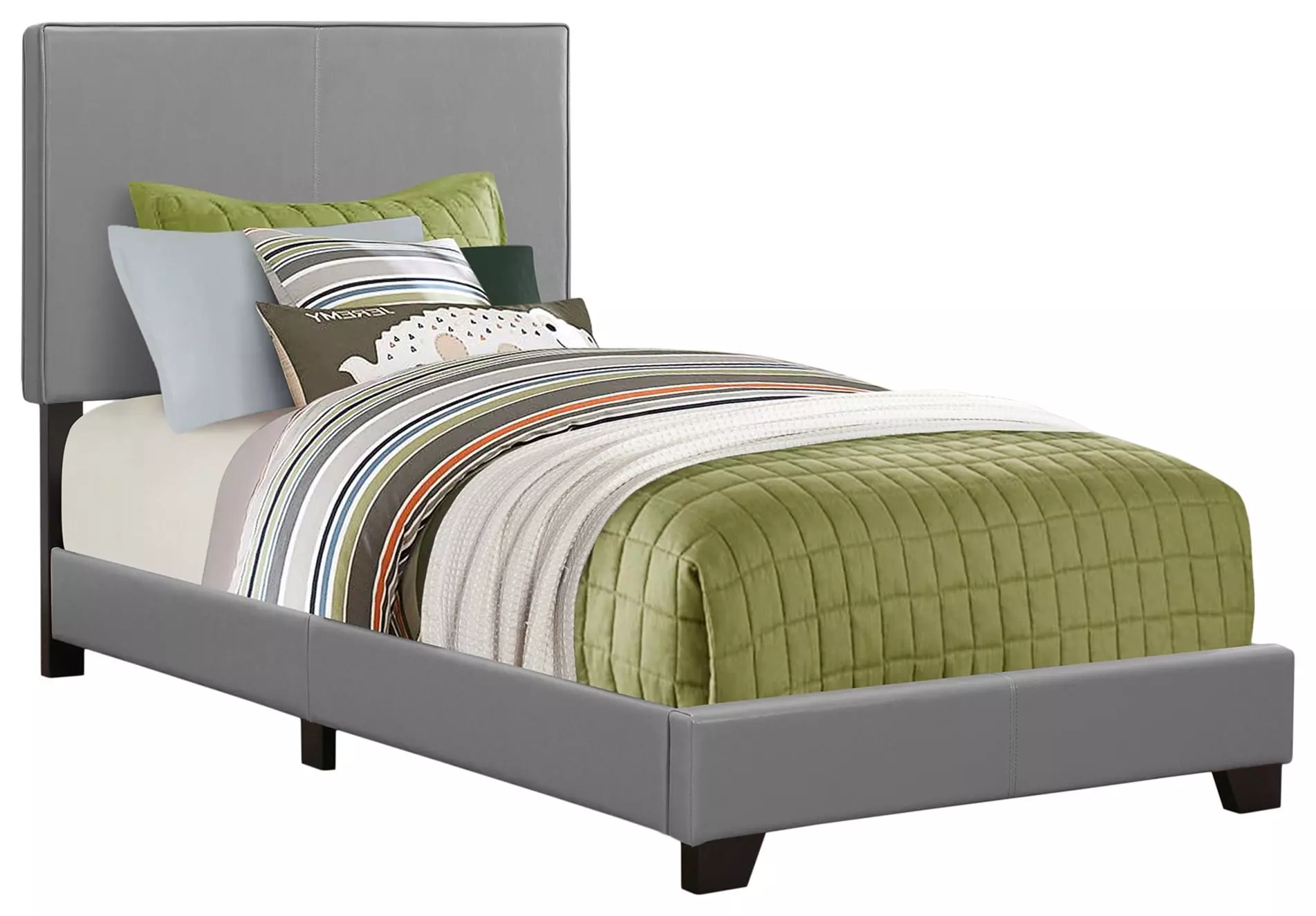 Bed, Twin Size, Platform, Bedroom, Frame, Upholstered, Pu Leather Look, Wood Legs, Grey