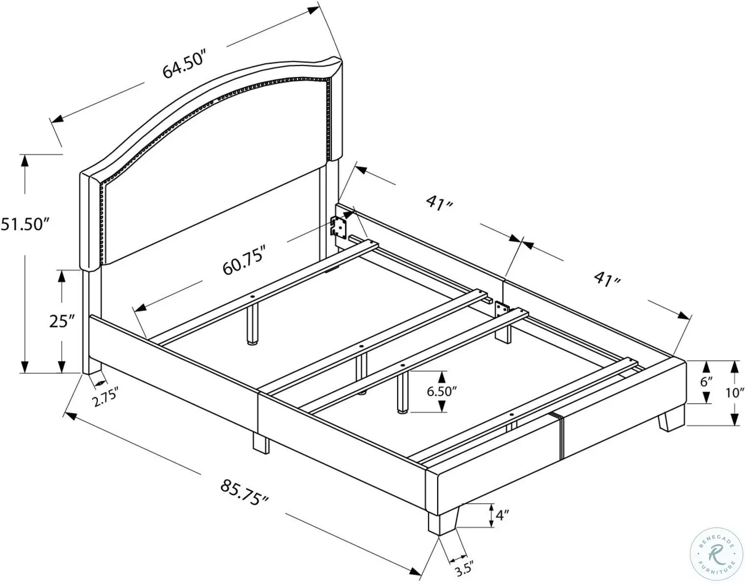5938Q Brown Queen Upholstered Bed with Brass Trim