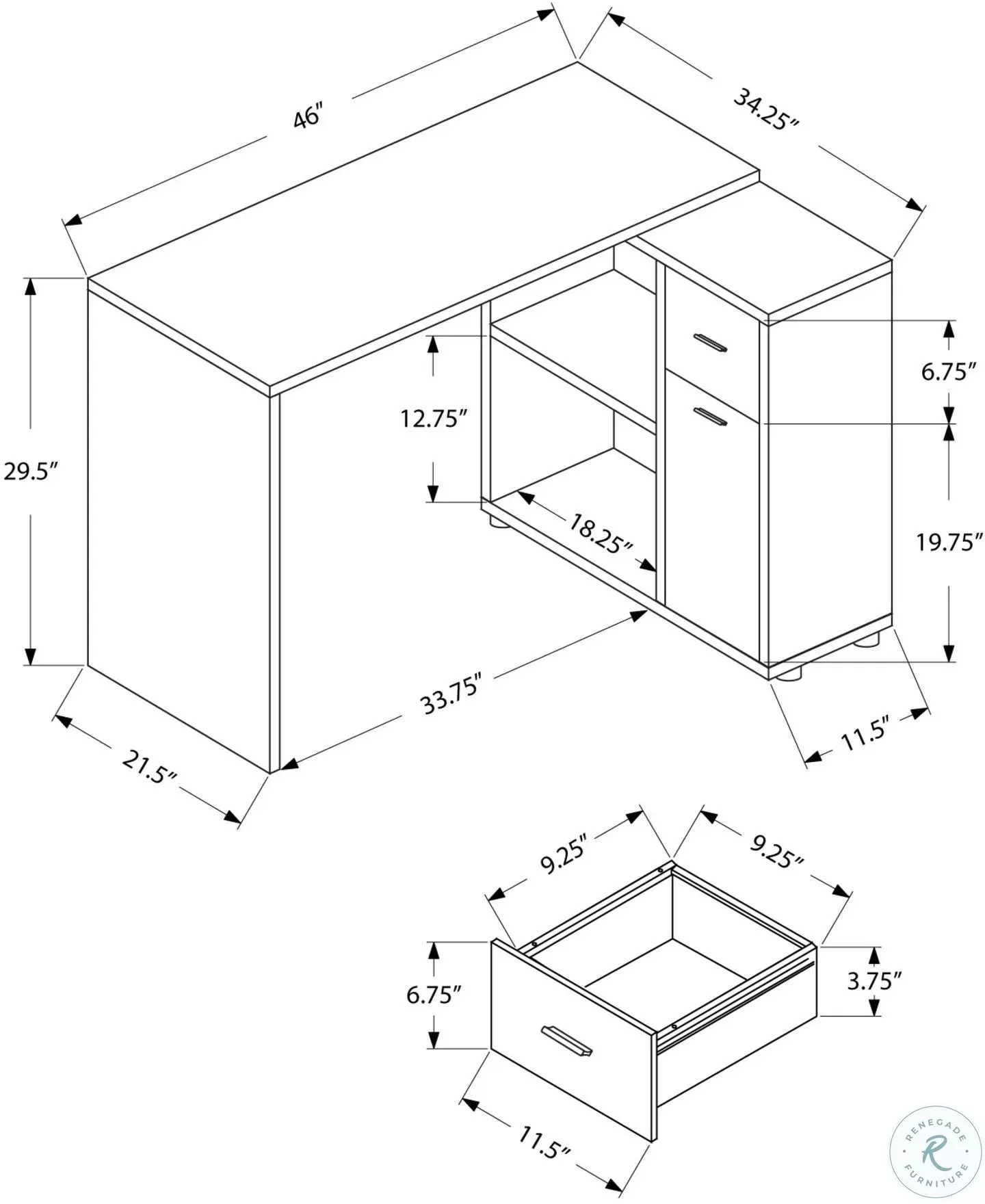 46" Gray Computer Desk with Storage Cabinet